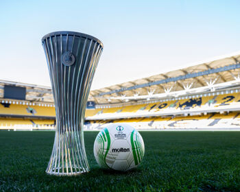 A general view of the UEFA Europa Conference League Trophy ahead of the of the UEFA Europa Conference League 2023/24 final match between Olympiacos FC and ACF Fiorentina at AEK Arena on May 27, 2024 in Athens, Greece.