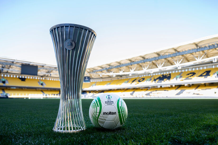 A general view of the UEFA Europa Conference League Trophy ahead of the of the UEFA Europa Conference League 2023/24 final match between Olympiacos FC and ACF Fiorentina at AEK Arena on May 27, 2024 in Athens, Greece.