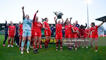 Shelbourne celebrate their FAI Cup win over Athlone Town at Tallaght Stadium on 20 October 2024