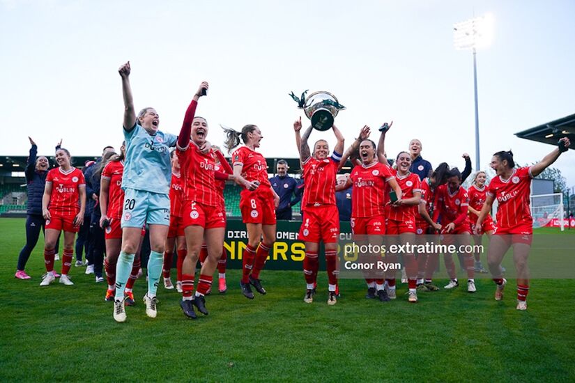 Shelbourne celebrate their FAI Cup win over Athlone Town at Tallaght Stadium on 20 October 2024