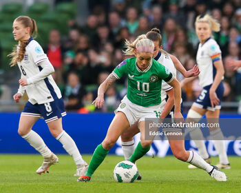 Denise O'Sullivan in action against England at the Aviva Stadium in the EURO 2025 qualifier on Tuesday 9 April
