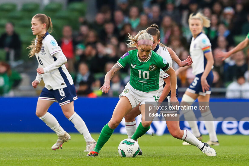 Denise O'Sullivan in action against England at the Aviva Stadium in the EURO 2025 qualifier on Tuesday 9 April