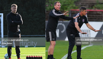 Damien Duff (left) and Derek Pender and Declan Devine (right)