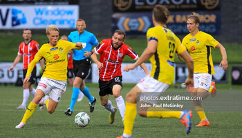 Action from the first leg in the Ryan McBride Brandywell Stadium