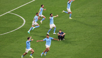 Players of Manchester City celebrate after the team's victory in the UEFA Champions League 2022/23 final against Inter