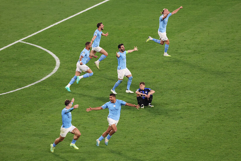 Players of Manchester City celebrate after the team's victory in the UEFA Champions League 2022/23 final against Inter