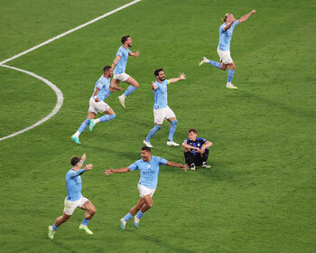 Players of Manchester City celebrate after the team's victory in the UEFA Champions League 2022/23 final against Inter