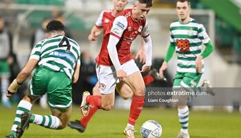 Darragh Burns in action for St Patrick's Athletic against Shamrock Rovers in April 2022