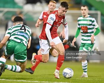 Darragh Burns in action for St Patrick's Athletic against Shamrock Rovers in April 2022