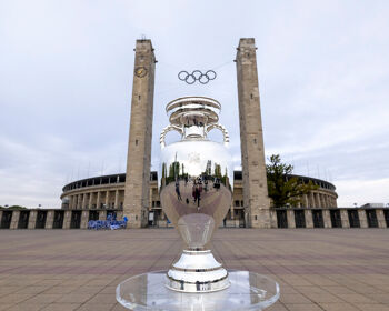 The UEFA EURO 2024 Trophy is displayed at the Olympiastadion in Berlin