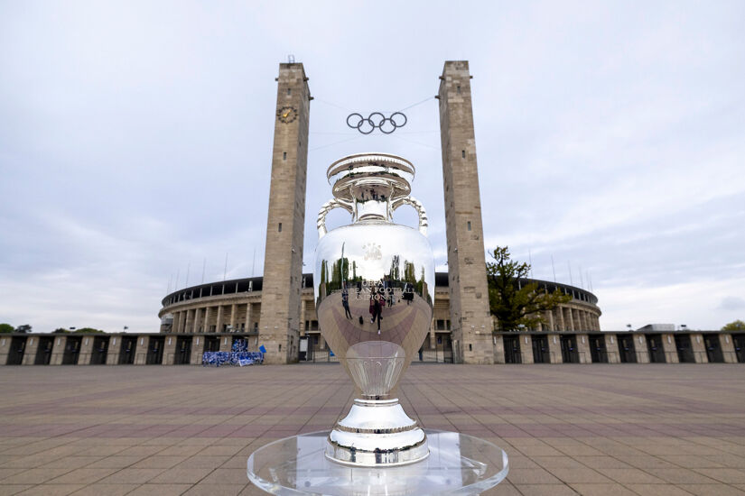 The UEFA EURO 2024 Trophy is displayed at the Olympiastadion in Berlin