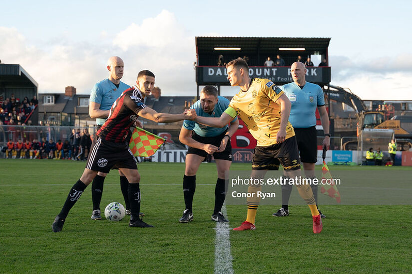 Team captains Keith Buckley Bohemians and Anto Breslin St Patrick's Athletic ahead of kick off in their clash in Dalymount Park last April