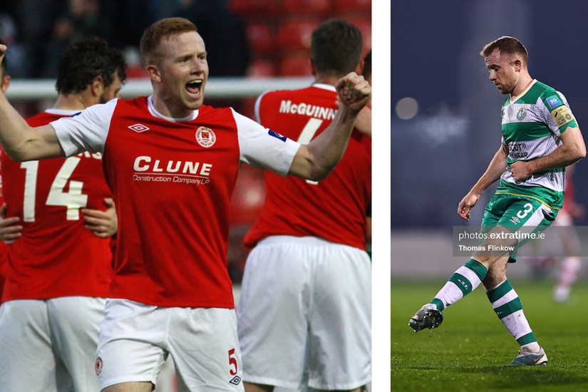 Sean Hoare celebrating a win for the Saints over Shamrock Rovers in 2015 (left)