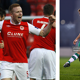 Sean Hoare celebrating a win for the Saints over Shamrock Rovers in 2015 (left)