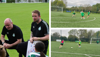 Shamrock Rovers Under-17 Head Coach Keith Coffey (right) with his assistant Terry Gleeson (left pic) as Shamrock Rovers players (right pics) train at their Roadstone base