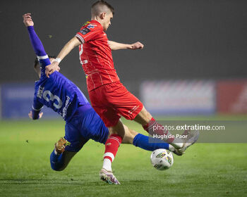 Ryan Burke slide in for a challenge during Waterford's 1-1 draw with Shelbourne on Friday, 16 February 2024.