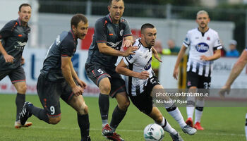 Michael Duffy then of Dundalk in action against Riga's Armands Petersons in their European clash at Oriel Park in 2019