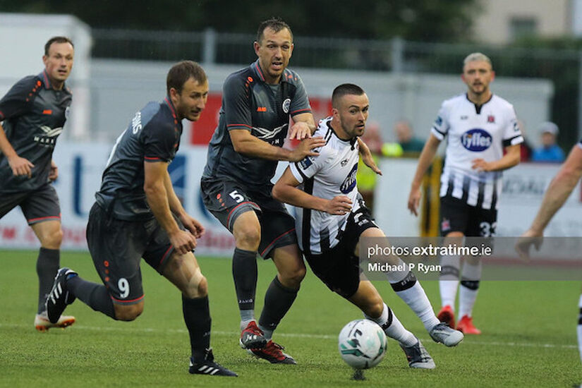 Michael Duffy then of Dundalk in action against Riga's Armands Petersons in their European clash at Oriel Park in 2019