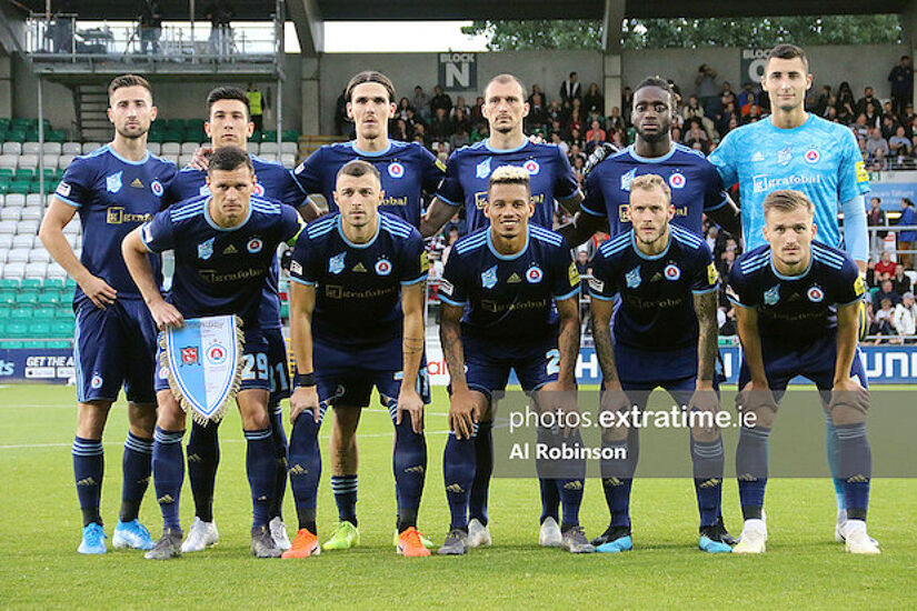 Slovan Bratislava team prior to kick off in Tallaght Stadium for their game against Dundalk in 2019