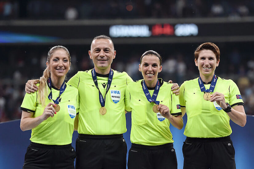 Michelle O’Neill (far right) beside referee Stephanie Frappart after the UEFA Super Cup match between Liverpool and Chelsea in Istanbul in 2019 