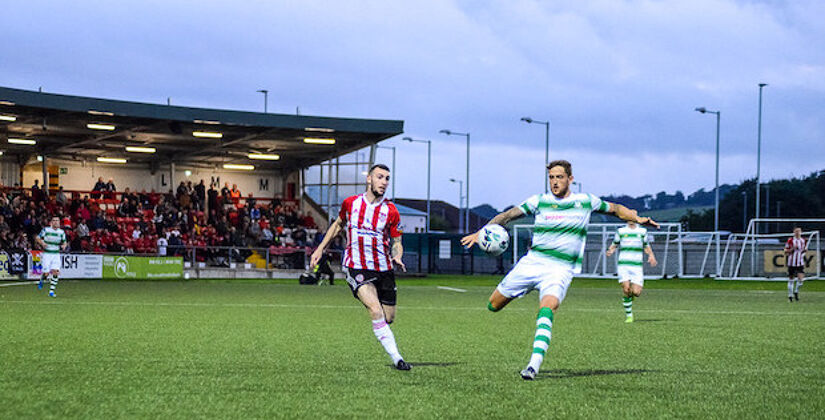 Lee Grace clears the ball in the Brandywell in the August 2019 clash between the sides