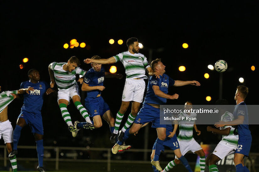 Roberto 'Pico' Lopes leaps highest during Rovers' visit to Waterford in August 2019