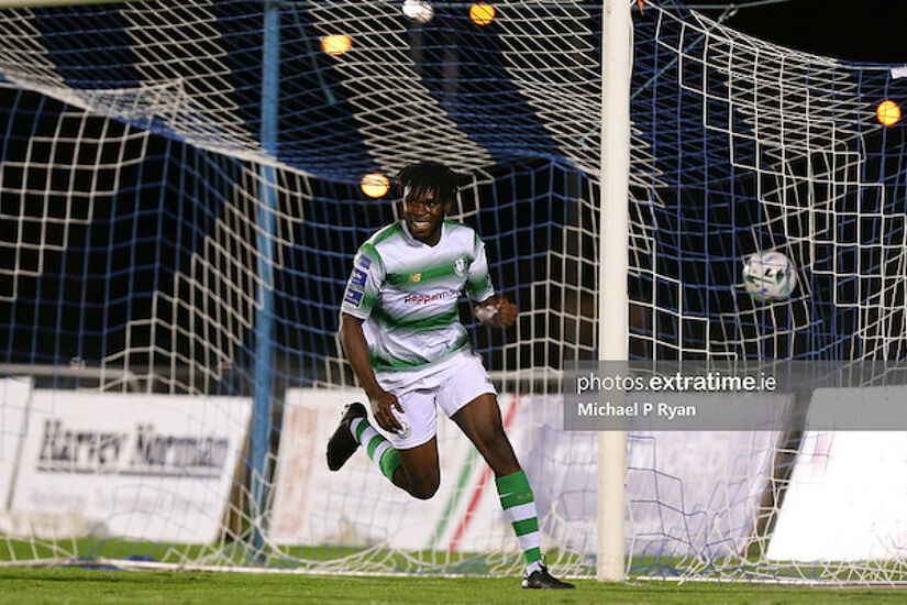 Thomas Oluwa celebrates scoring against Waterford in 2019