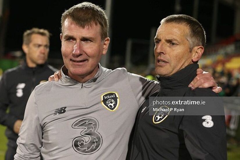 Republic of Ireland under-21 manager Stephen Kenny photographed with assistant Jim Crawford following a 2020 draw with Italy in Tallaght.