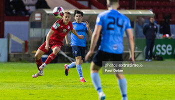 Shels' Brian McManus shoots goal wards against the Students in Tolka Park