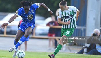 Thomas Oluwa (left) in action for Waterford against Bray Wanderers in June