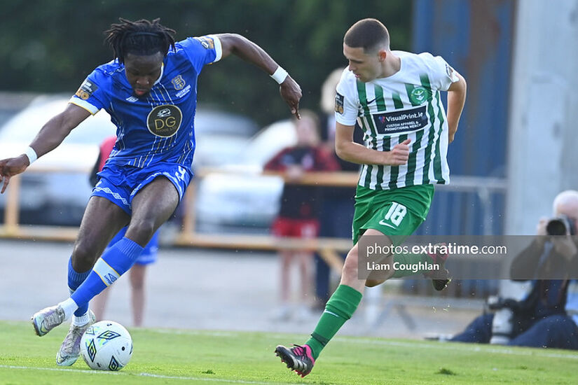 Thomas Oluwa (left) in action for Waterford against Bray Wanderers in June