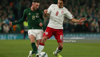 Alan Browne of Republic of Ireland in action against Thomas Delaney of Denmark