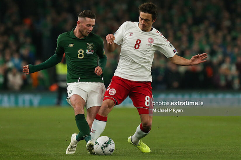 Alan Browne of Republic of Ireland in action against Thomas Delaney of Denmark