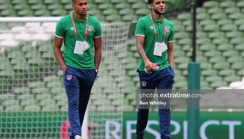 Ireland’s Gavin Bazunu and Andrew Omobamidele before the World Cup Qualifier match between the Republic of Ireland and Azerbaijan at the Aviva Stadium, on 4 September 2021.