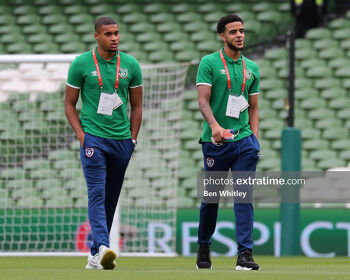 Ireland’s Gavin Bazunu and Andrew Omobamidele before the World Cup Qualifier match between the Republic of Ireland and Azerbaijan at the Aviva Stadium, on 4 September 2021.