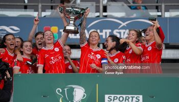 Shelbourne celebrate with the Women's FAI Cup after their 6-1 demolishing of Athlone Town in the final at Tallaght Stadium