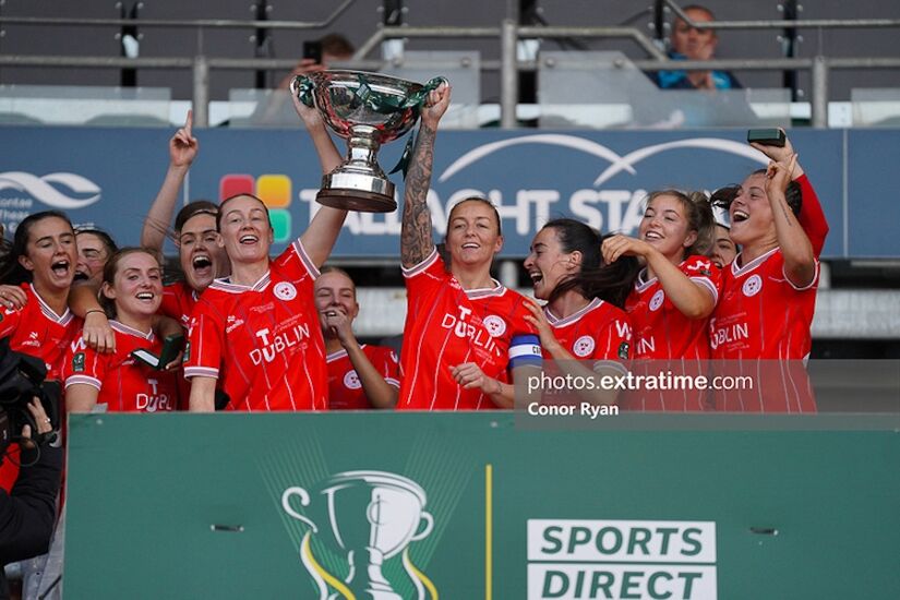 Shelbourne celebrate with the Women's FAI Cup after their 6-1 demolishing of Athlone Town in the final at Tallaght Stadium