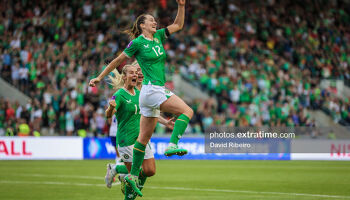 Anna Patten of Ireland celebrates her goal during the UEFA EURO 2025 Qualifier between the Republic of Ireland and France played at Páirc Uí Chaoimh, Cork, Ireland.