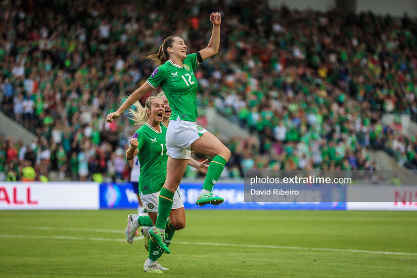 Anna Patten of Ireland celebrates her goal during the UEFA EURO 2025 Qualifier between the Republic of Ireland and France played at Páirc Uí Chaoimh, Cork, Ireland.