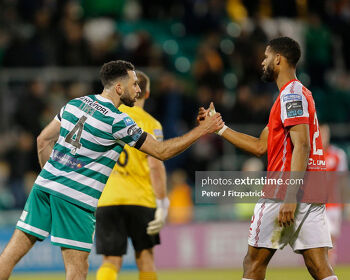 Pico Lopes of Shamrock Rovers and Noah Lewis of St Patrick's Athletic after the full time whistle in their 2-2 draw in Tallaght earlier this season