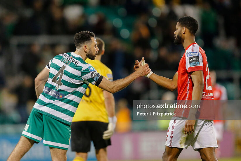 Pico Lopes of Shamrock Rovers and Noah Lewis of St Patrick's Athletic after the full time whistle in their 2-2 draw in Tallaght earlier this season