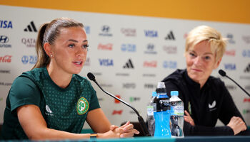 Katie McCabe of Republic of Ireland speaks to the media during a Republic of Ireland Press Conference at Sydney Football Stadium