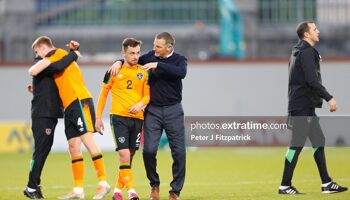 im Crawford Ireland manager has a chat with Lee O’Connor after the full time whistle in their 2022 qualifier in Tallaght against Bosnia and Herzegovina with John O'Shea, now Ireland senior interim manager, shown right