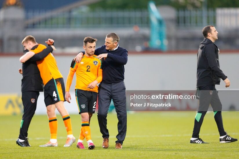 im Crawford Ireland manager has a chat with Lee O’Connor after the full time whistle in their 2022 qualifier in Tallaght against Bosnia and Herzegovina with John O'Shea, now Ireland senior interim manager, shown right