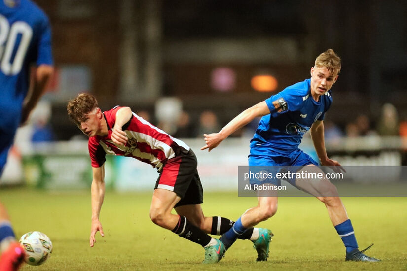 Conor McManus (left) in action for Brentford B against former club Bray Wanderers and Phil Cooney (right)