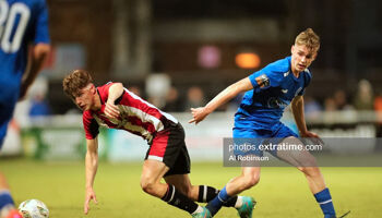 Conor McManus (left) in action for Brentford B against former club Bray Wanderers and Phil Cooney (right)