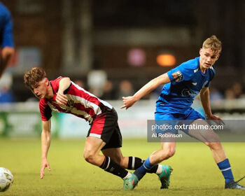 Conor McManus (left) in action for Brentford B against former club Bray Wanderers and Phil Cooney (right)