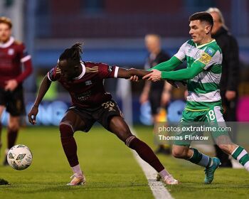 Jeannot Esua of Galway United FC in action against Trevor Clarke of Shamrock Rovers FC during the SSE Airtricity Men's Premier Division match between Shamrock Rovers FC and Galway United FC at Tallaght Stadium, Dublin on April 26, 2024