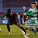 Jeannot Esua of Galway United FC in action against Trevor Clarke of Shamrock Rovers FC during the SSE Airtricity Men's Premier Division match between Shamrock Rovers FC and Galway United FC at Tallaght Stadium, Dublin on April 26, 2024