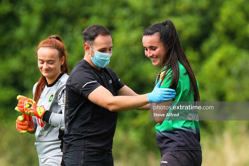 Peamount's Niamh Farrelly is treated by a medic during a WNL clash with Cork City.